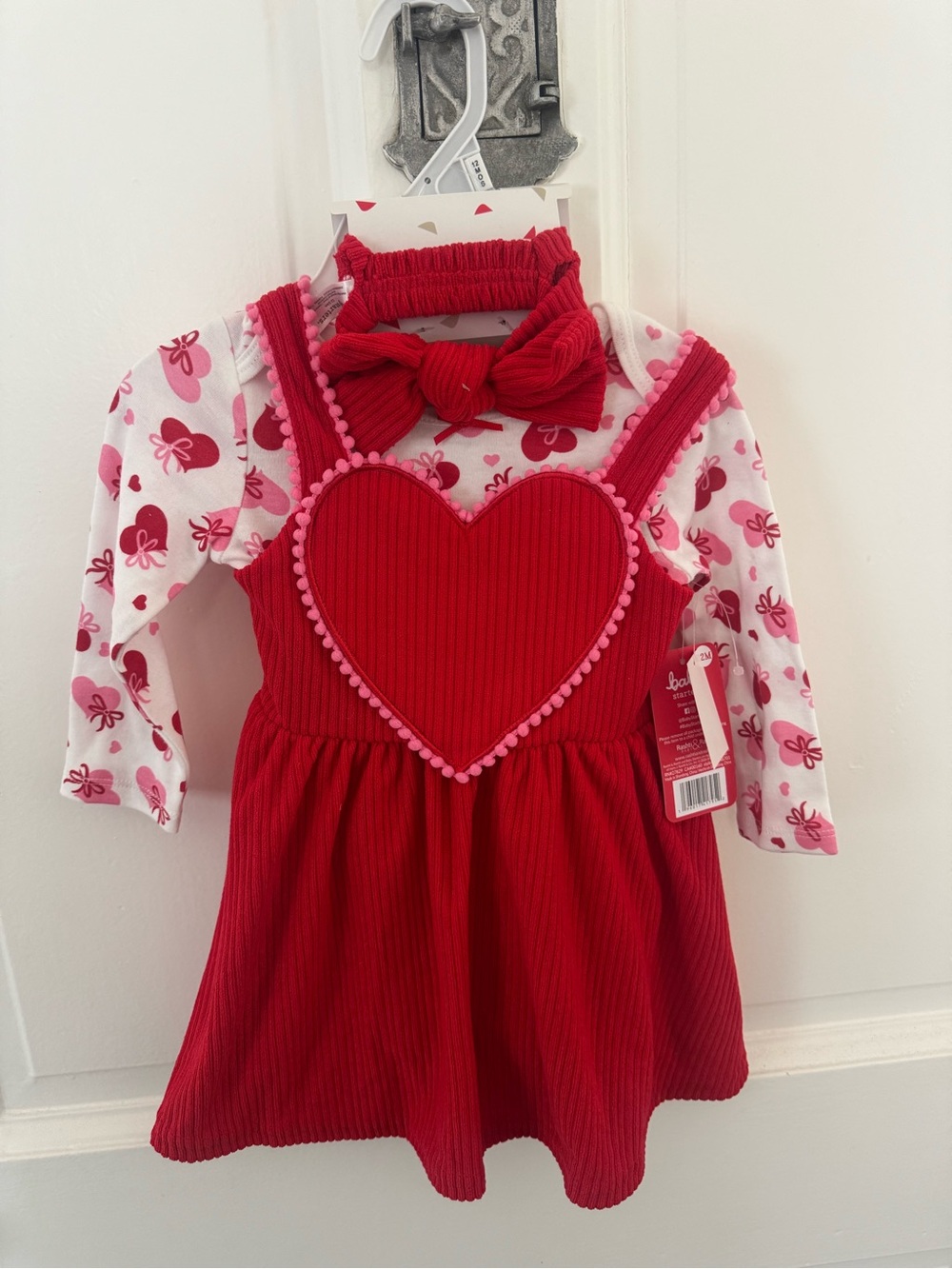 Baby Starters Red Heart Corduroy Pinafore Dress with Pink-Print Top